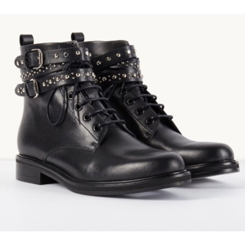 NEW $675 Maje FLINT Studded Ankle Wrap Combat Boot